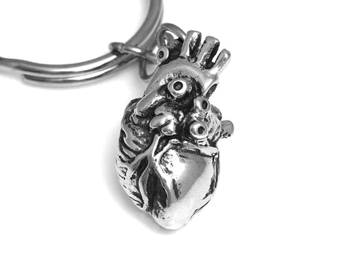 Anatomical Heart Keychain, Anatomy Keyring in Pewter