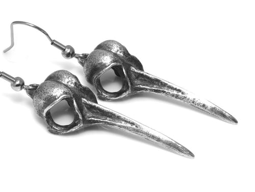 Antiqued Hummingbird Skull Earrings, Bird Jewelry in Pewter
