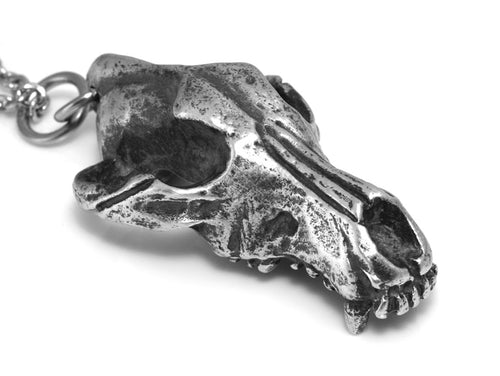 Antiqued Wolf Skull Necklace, Blackened Animal Skeleton Rock Jewelry in Pewter