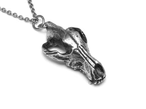Antiqued Wolf Skull Necklace, Blackened Animal Skeleton Rock Jewelry in Pewter