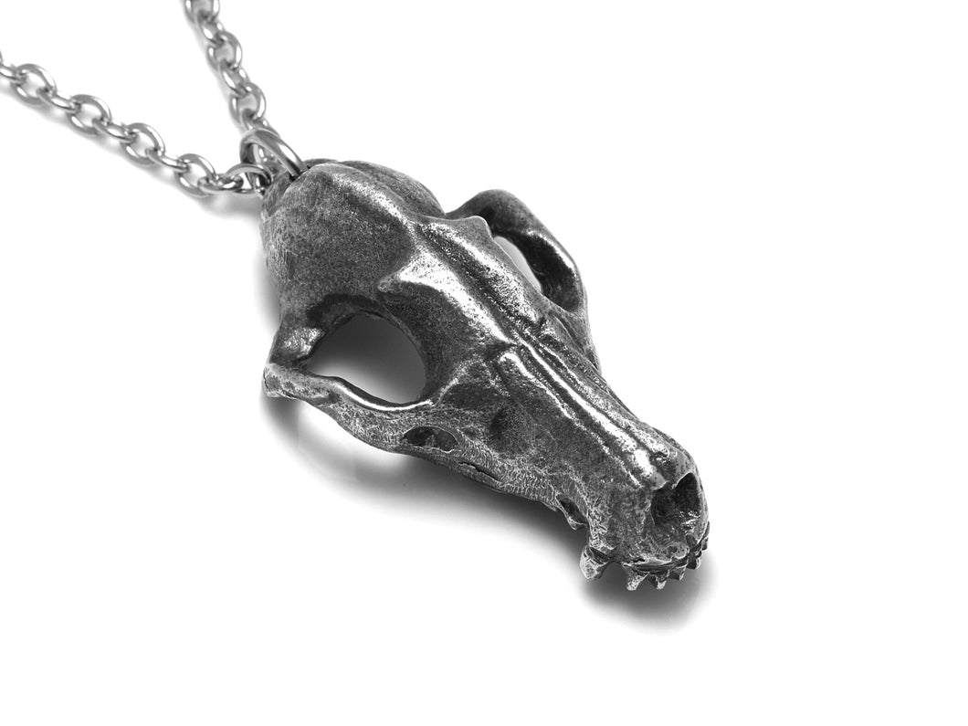 Antiqued Fox Skull Necklace, Oxidized Animal Skeleton Jewelry in Pewter