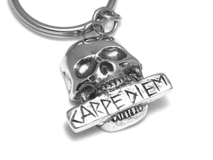 Carpe Diem Keychain, Human Skull Keyring in Pewter