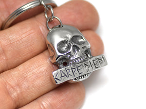 Carpe Diem Keychain, Human Skull Keyring in Pewter