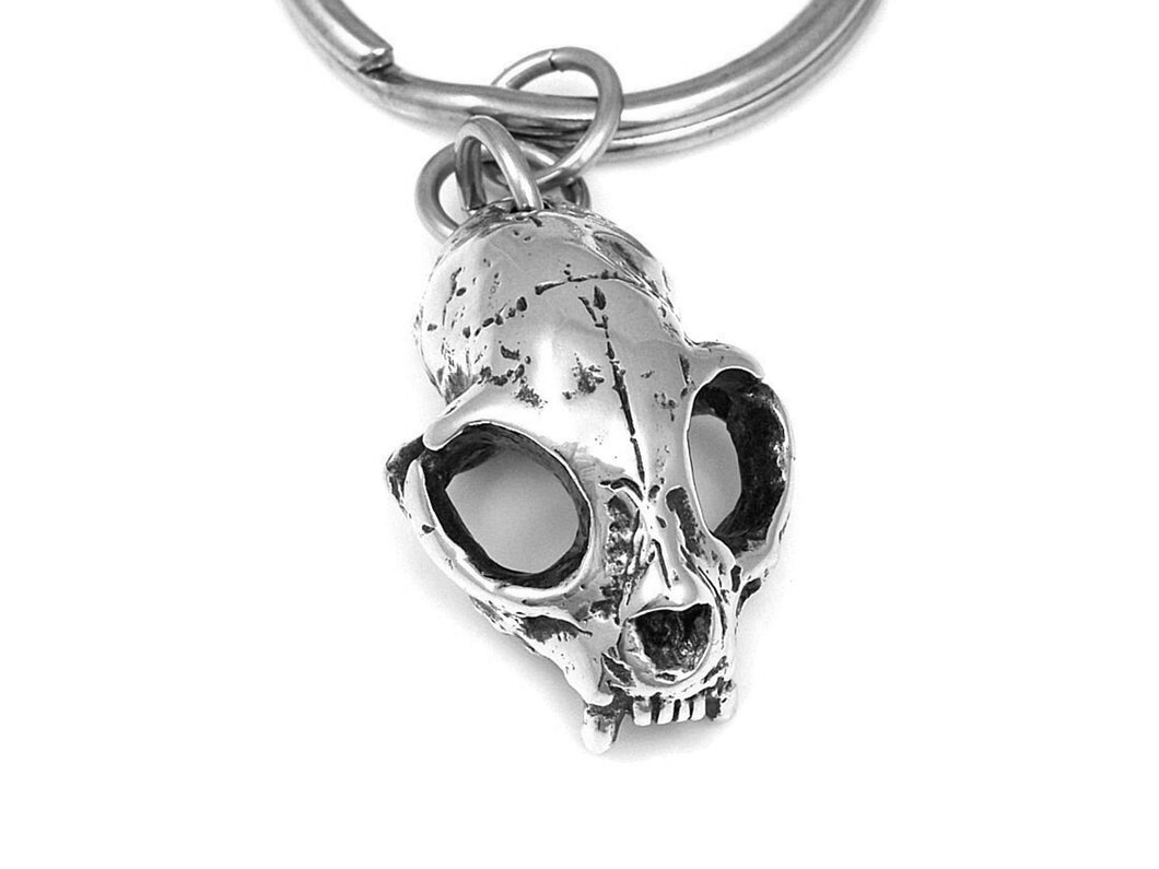 Cat Skull Keychain, Animal Skeleton Keyring in Pewter