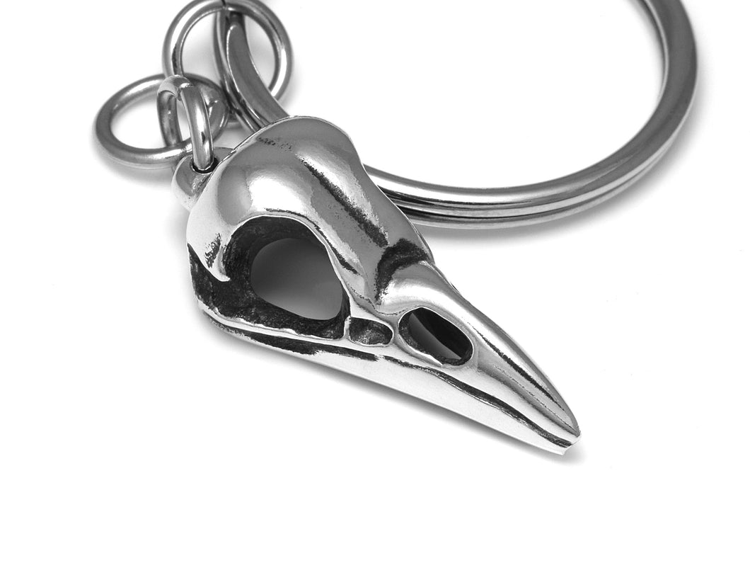 Crow Skull Keychain, Bird Cranium Keyring in Pewter