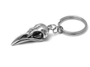 Crow Skull Keychain, Bird Skeleton Keyring in Pewter