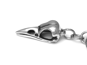 Crow Skull Keychain, Bird Cranium Keyring in Pewter