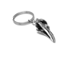 Crow Skull Keychain, Bird Skeleton Keyring in Pewter