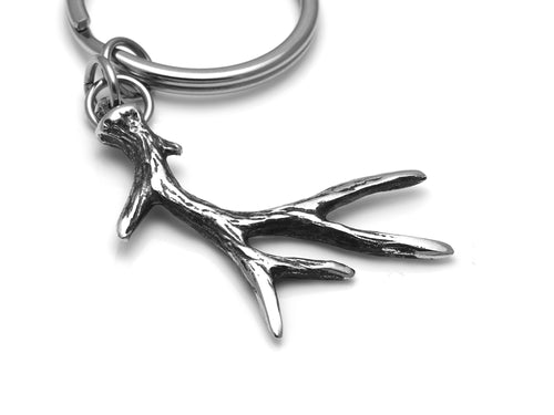 Deer Antler Keychain, Animal Keyring in Pewter