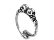 Double Skull Ring with Bone Band, Rock Jewelry in Pewter