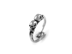 Double Skull Ring with Bone Band, Rock Jewelry in Pewter