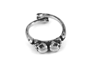 Double Skull Ring with Bone Band, Rock Jewelry in Pewter