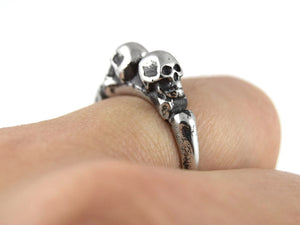 Double Skull Ring with Bone Band, Rock Jewelry in Pewter