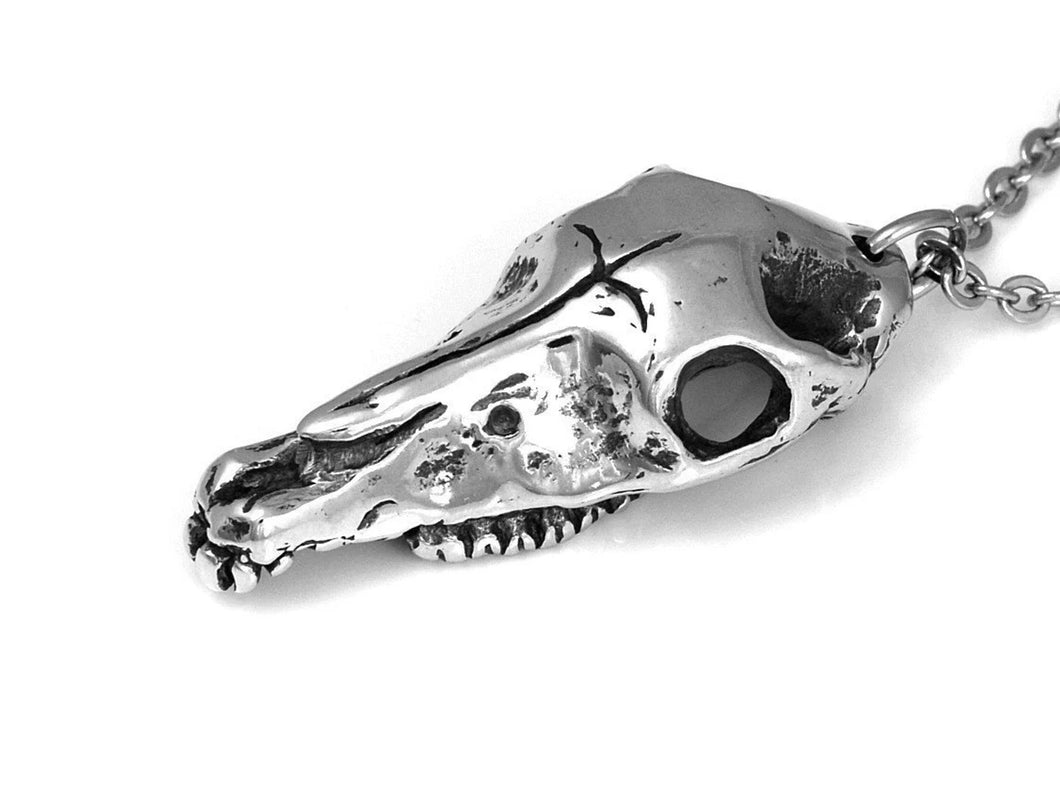 Horse Skull Necklace, Animal Skeleton Jewelry in Pewter