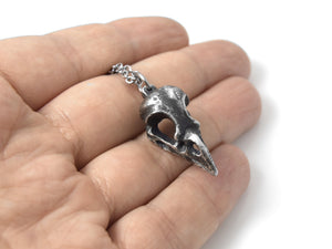 Antiqued Jackdaw Skull Necklace, Oxidized Bird Jewelry in Pewter