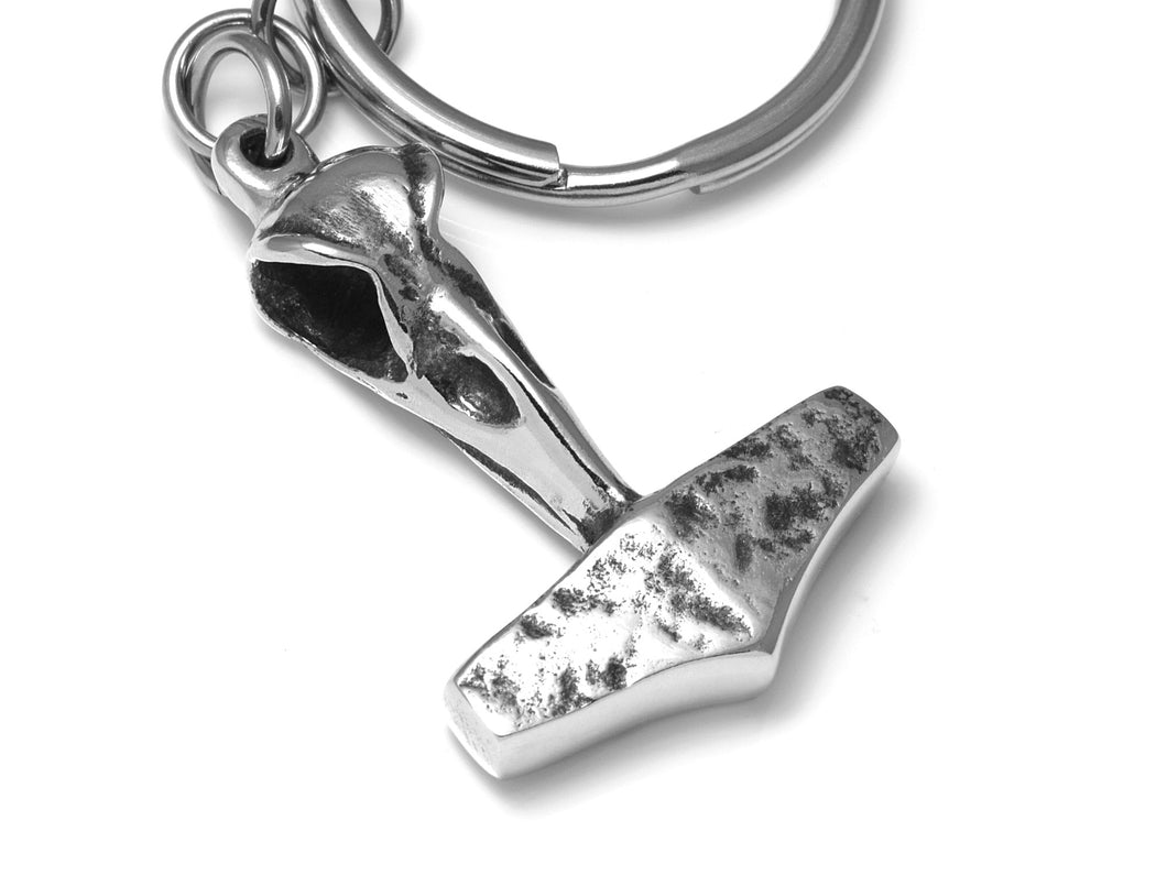 Hammer of Thor Mjolnir with Hugin or Munin Raven Skull Keychain in Pewter