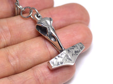 Hammer of Thor Mjolnir with Hugin or Munin Raven Skull Keychain in Pewter