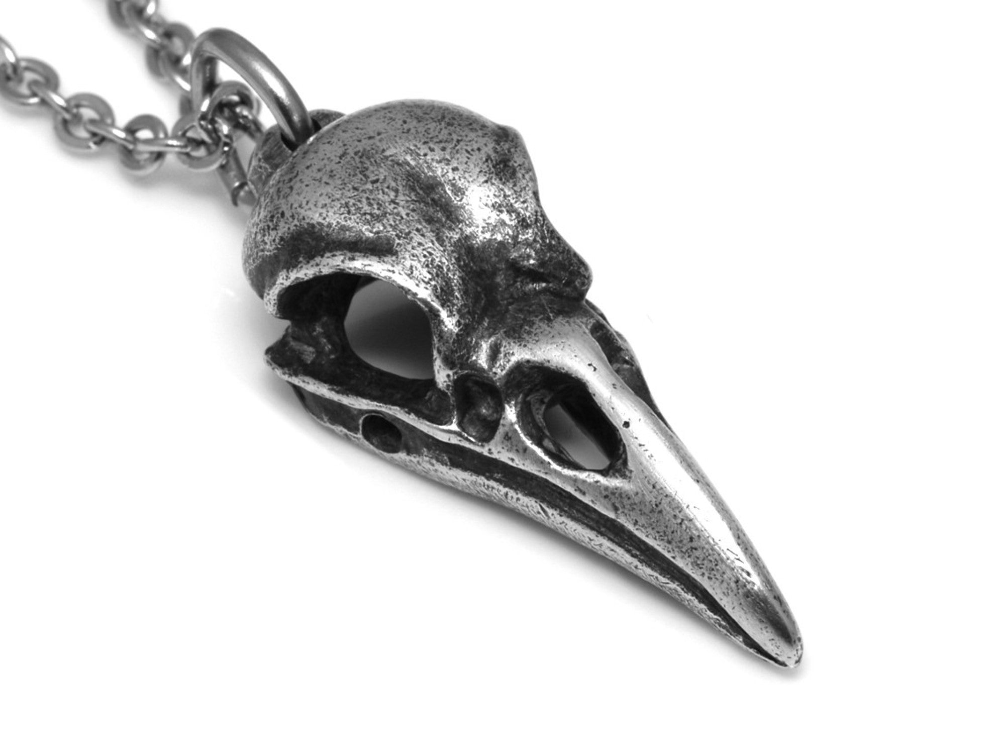 Antiqued Raven Skull Necklace, Ornithology Bird Watcher Gift Jewelry in Pewter