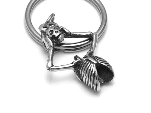 Skeleton Holding Skull Keychain, Goth Keyring in Pewter