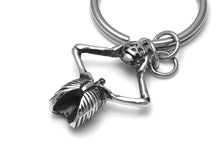 Skeleton Holding Skull Keychain, Goth Keyring in Pewter