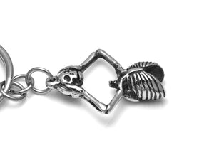 Skeleton Holding Skull Keychain, Goth Keyring in Pewter