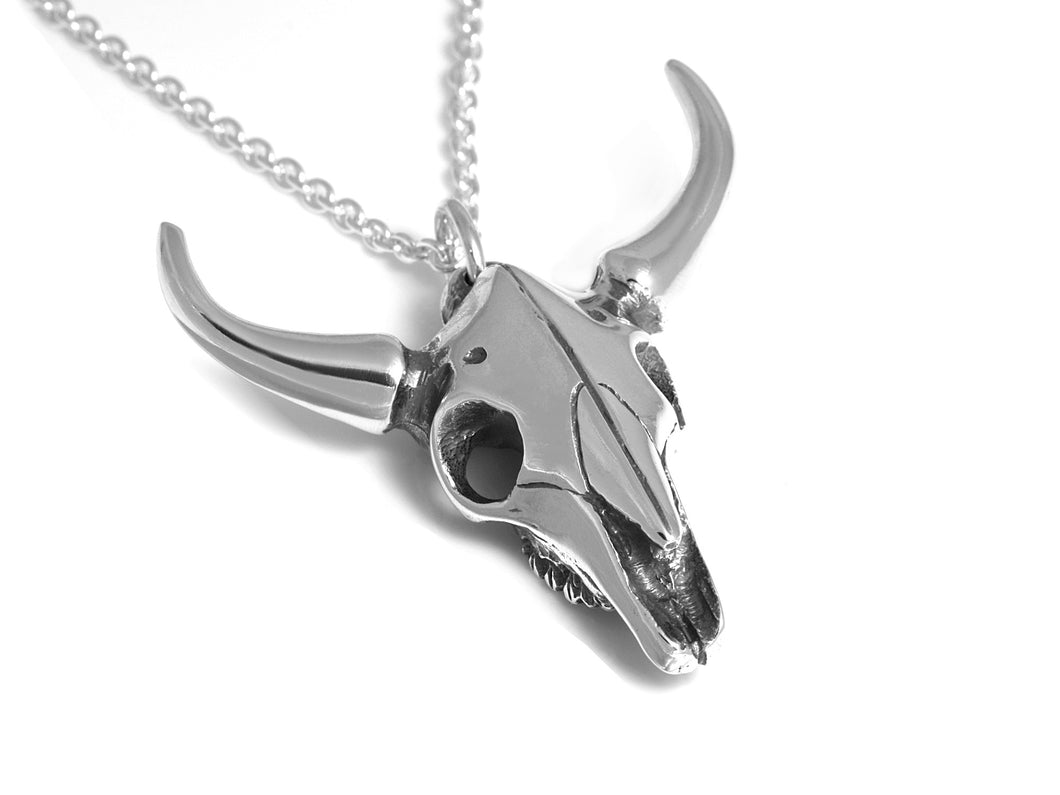 Bull Skull Necklace, Animal Cranium Jewelry in Sterling Silver