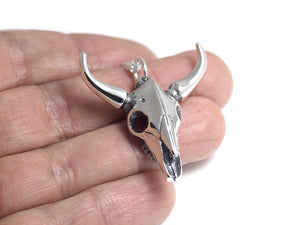 Bull Skull Necklace, Animal Cranium Jewelry in Sterling Silver