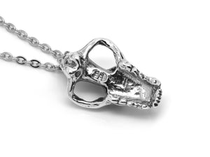 Hyena Skull Necklace, Animal Metal Cranium Jewelry in Sterling Silver