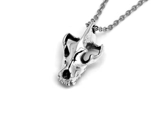 Hyena Skull Necklace, Animal Metal Cranium Jewelry in Sterling Silver