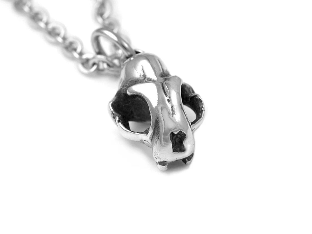 Tiny Cat Skull Necklace, Animal Rock Jewelry in Pewter