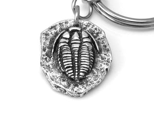 Trilobite Keychain, Animal Fossil Keychain in Pewter