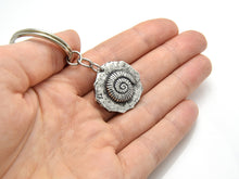 Ammonite Keychain, Fossil Keyring in Pewter