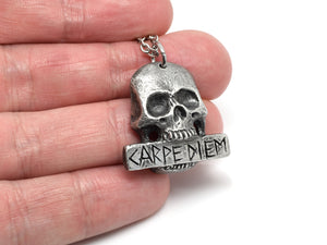 Antiqued Carpe Diem Skull Necklace, Seize the Day Jewelry