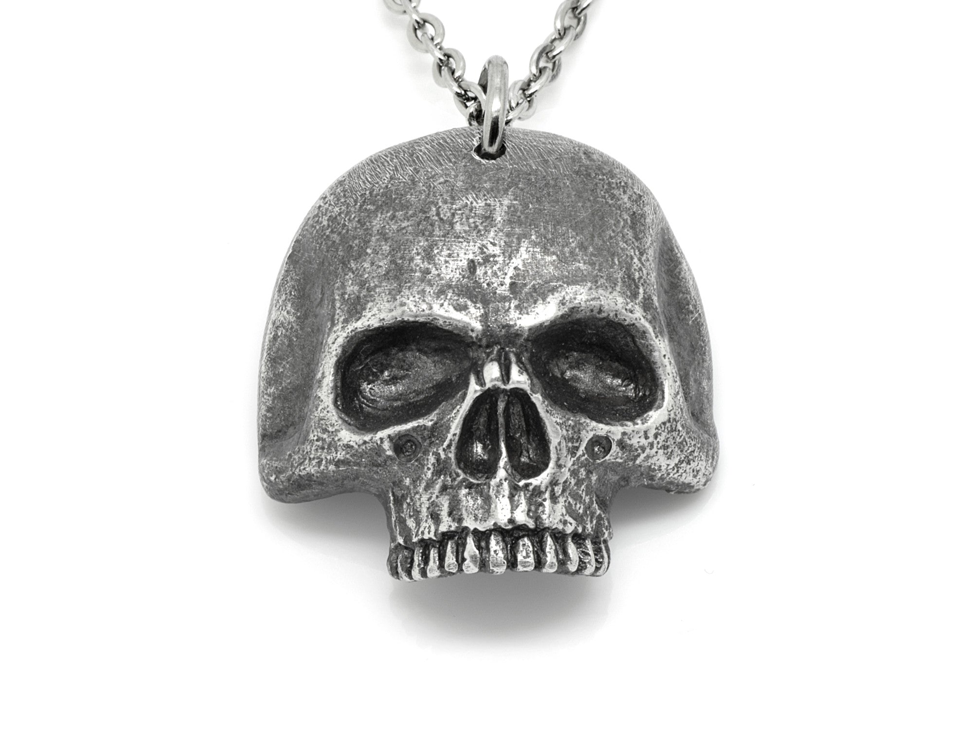Antiqued Jawless Human Skull Necklace, Aged Pewter Jewelry