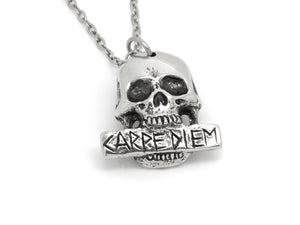 Human Skull with Carpe Diem Plaque Necklace, Heavy Metal Jewelry