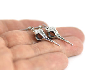Small Hummungbird Skull Earrings, Bird Jewelry in Pewter