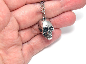 Human Skull Necklace, Rock Jewelry in Pewter