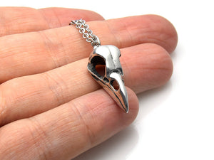 Small Crow Skull Necklace, Ornithology Bird Jewelry in Pewter