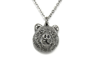 Bear Head Necklace, Animal Face Jewelry in Pewter