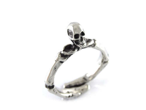 Human Skull and Skeleton Arms Ring, Rock Jewelry in Pewter