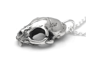 Cat Skull Necklace in Sterling Silver, Feline Cranium Jewelry